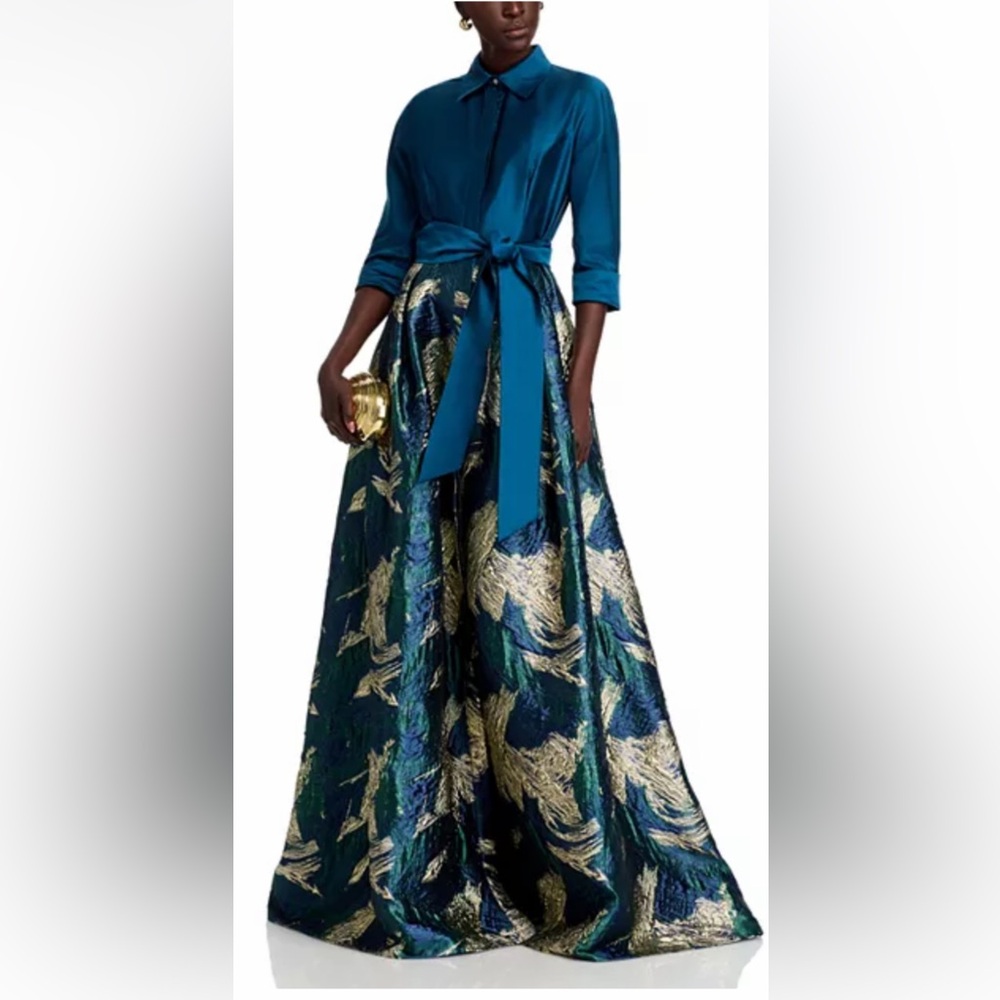 Teri John by Rickie Freeman Taffeta Jacquard Shirt Gown in Peacock/Gold